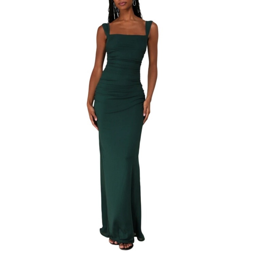 Lulus Women's Dark Green Amazing Presence Mesh Ruched Column Maxi Dress Size M